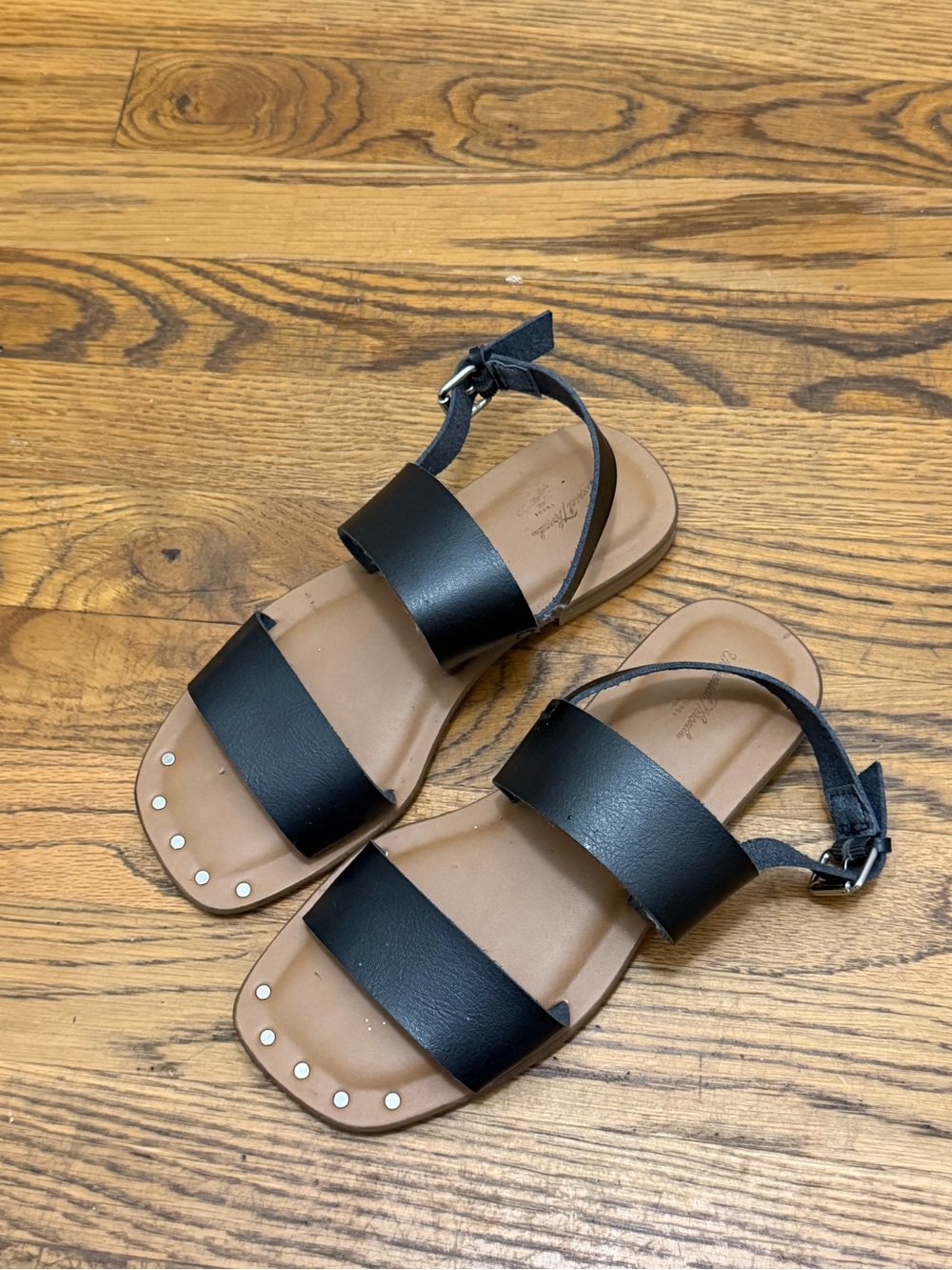 Universal Thread Black Two-Strap Ankle Buckle Sandals with Stud Accents